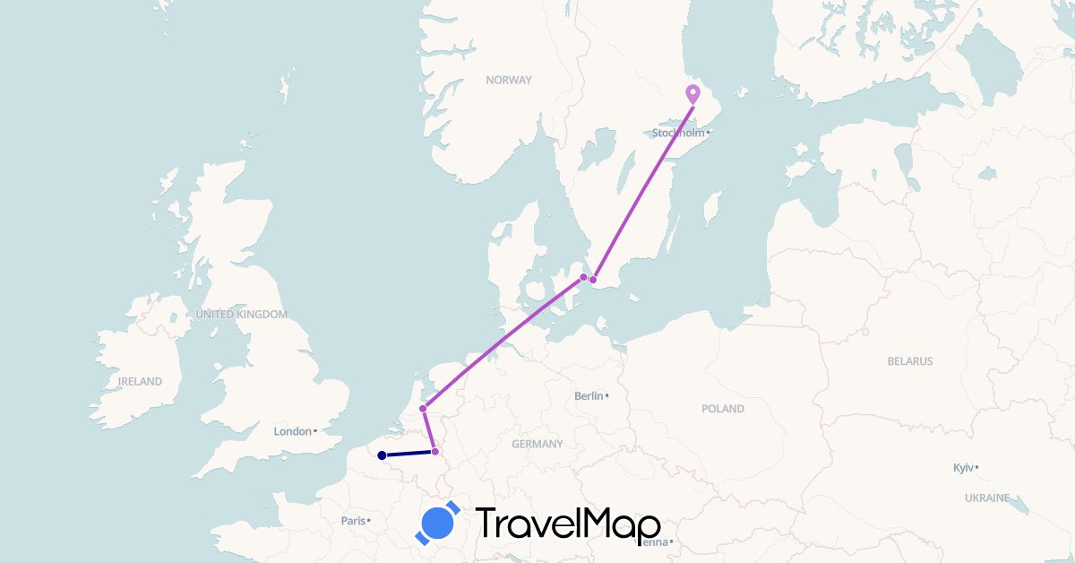 TravelMap itinerary: driving, train in Denmark, Netherlands, Sweden (Europe)
